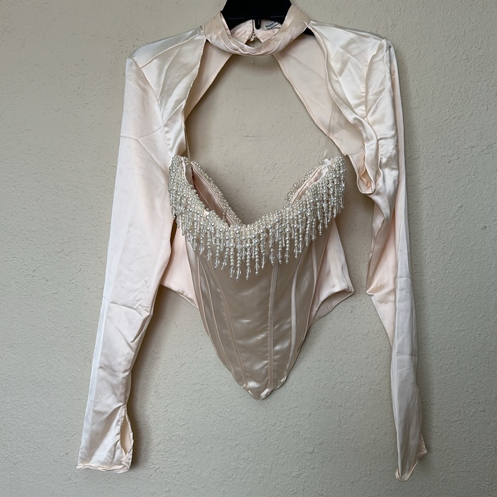 HOUSE OF CB 'Aubrie' Vintage Cream Embellished Satin Corset With Sleeve Size L - Picture 6 of 16
